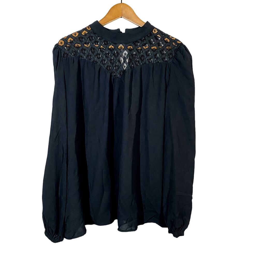 NEW! Cupshe Lace Trimmed Tunic Long Sleeve Loose Fit Flowy Black Casual - XXL